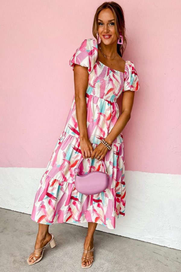 Women Pink Brush Stroke Printed Smocked Ruffle Tiered Dress | Maxi Dresses