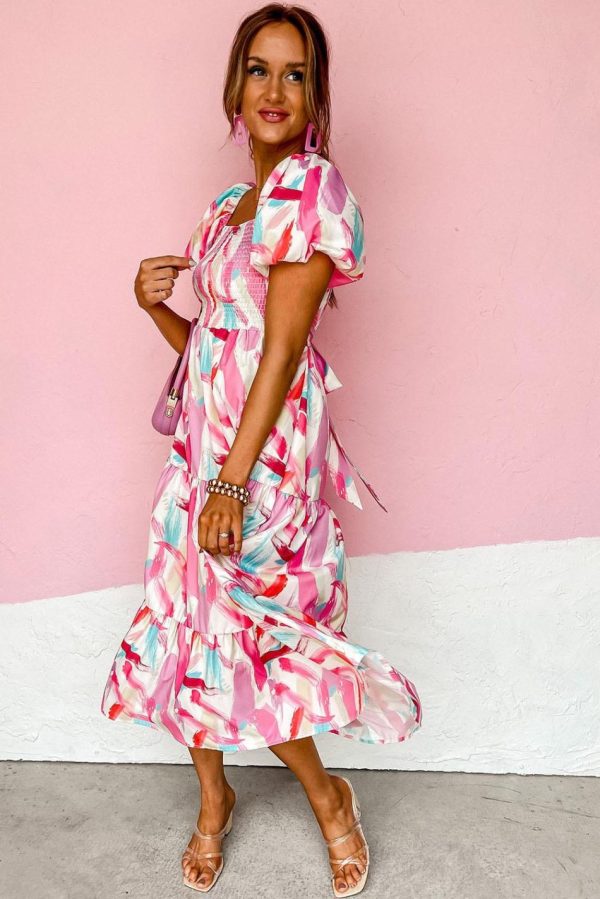 Women Pink Brush Stroke Printed Smocked Ruffle Tiered Dress | Maxi Dresses - Image 2