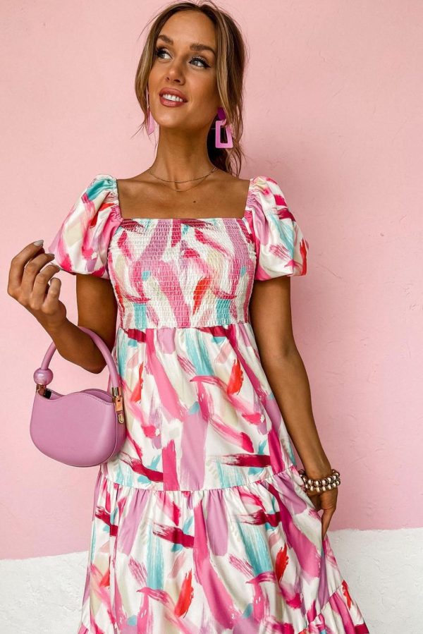 Women Pink Brush Stroke Printed Smocked Ruffle Tiered Dress | Maxi Dresses - Image 4