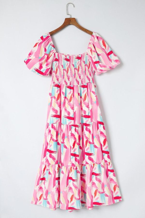 Women Pink Brush Stroke Printed Smocked Ruffle Tiered Dress | Maxi Dresses - Image 6