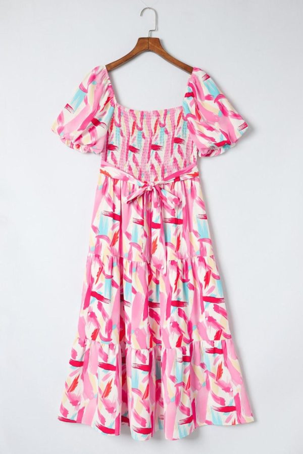Women Pink Brush Stroke Printed Smocked Ruffle Tiered Dress | Maxi Dresses - Image 7