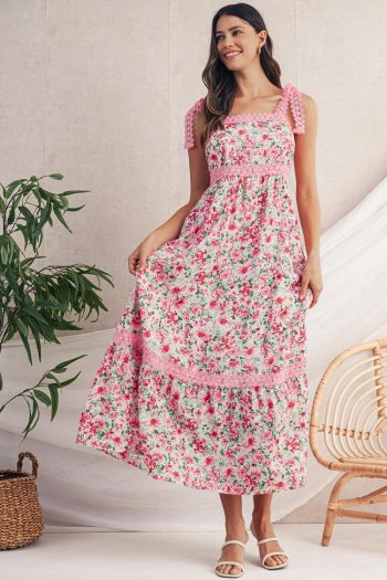 Women Pink Floral Lace Tied Strap Empire Waist Maxi Dress | Maxi Dresses