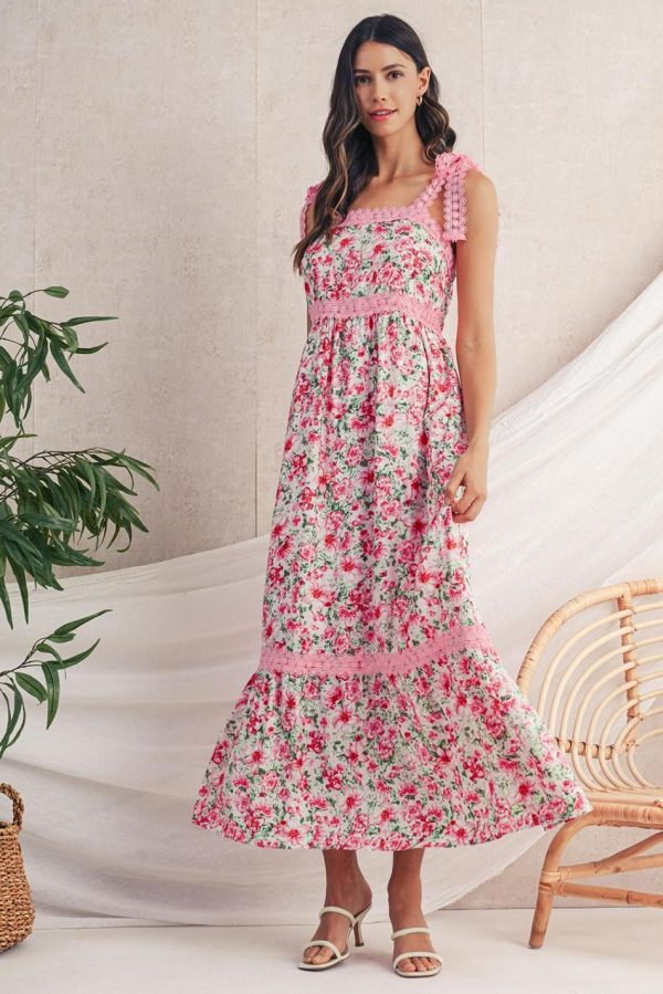 Women Pink Floral Lace Tied Strap Empire Waist Maxi Dress | Maxi Dresses - Image 2