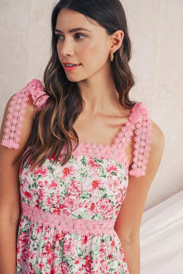 Women Pink Floral Lace Tied Strap Empire Waist Maxi Dress | Maxi Dresses - Image 3