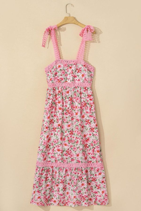 Women Pink Floral Lace Tied Strap Empire Waist Maxi Dress | Maxi Dresses - Image 5