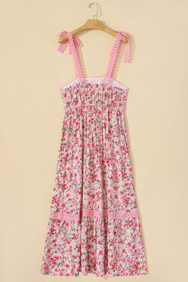 Women Pink Floral Lace Tied Strap Empire Waist Maxi Dress | Maxi Dresses - Image 6