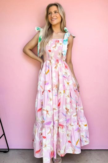 Women Pink Floral Print Knotted Shoulder Smocked Maxi Dress | Maxi Dresses