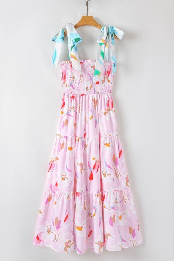 Women Pink Floral Print Knotted Shoulder Smocked Maxi Dress | Maxi Dresses - Image 2