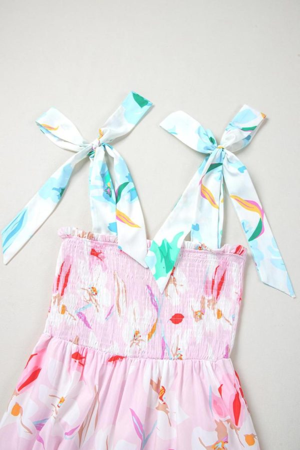 Women Pink Floral Print Knotted Shoulder Smocked Maxi Dress | Maxi Dresses - Image 6