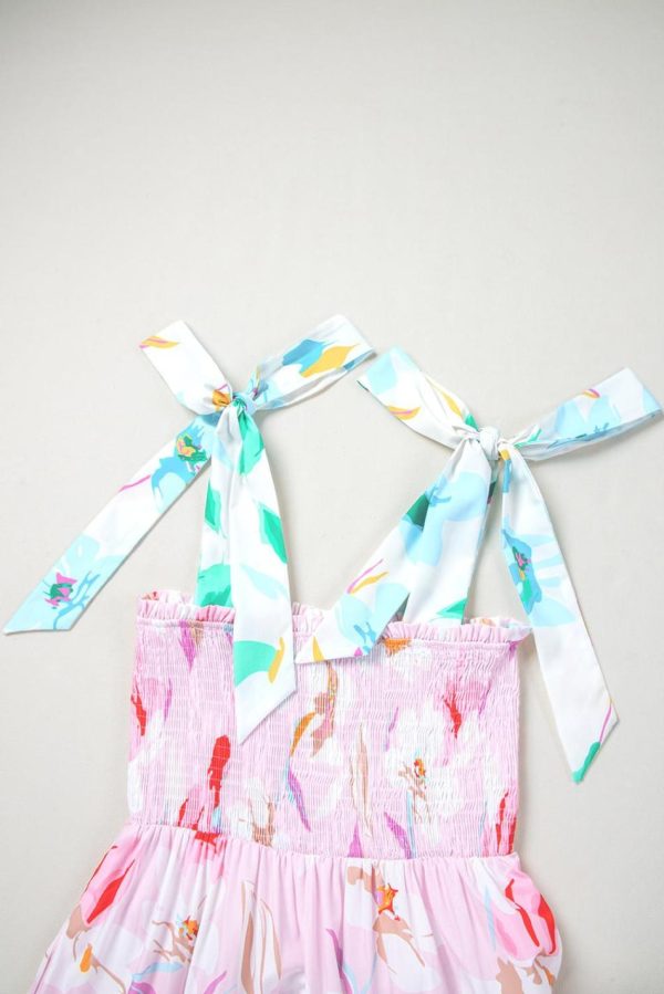 Women Pink Floral Print Knotted Shoulder Smocked Maxi Dress | Maxi Dresses - Image 7