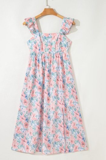 Women Pink Floral Print Square Neck Backless Dress With Slit | Maxi Dresses