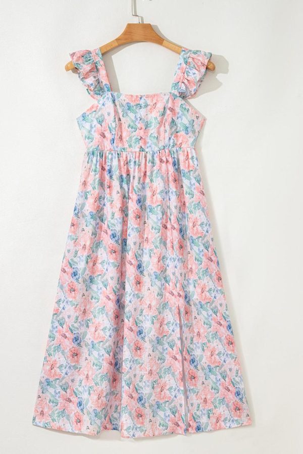 Women Pink Floral Print Square Neck Backless Dress With Slit | Maxi Dresses