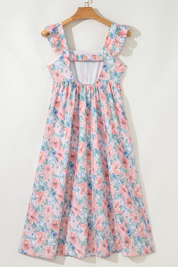Women Pink Floral Print Square Neck Backless Dress With Slit | Maxi Dresses - Image 2