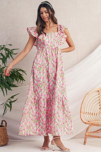 Women Pink Floral Print Square Neck Ruffled Strap Maxi Dress | Maxi Dresses