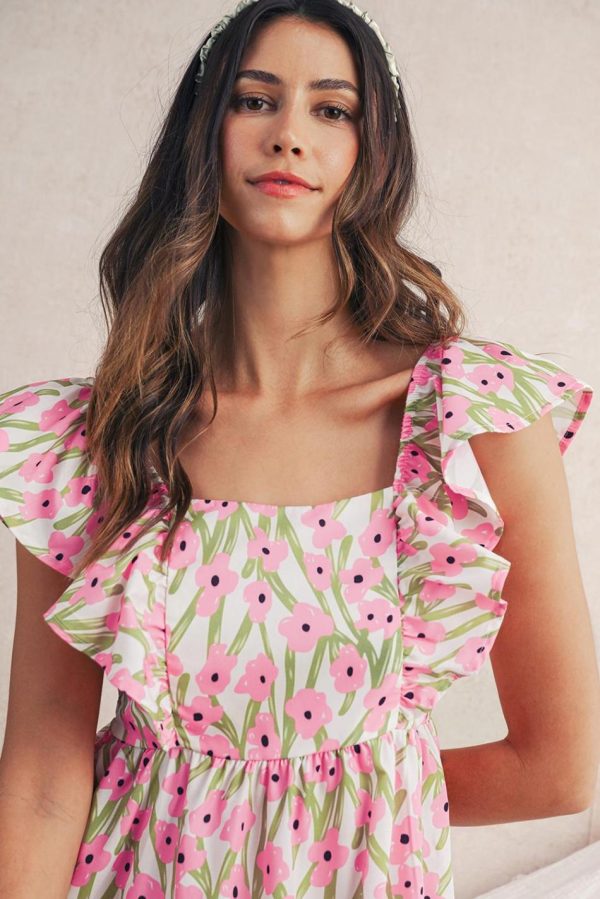 Women Pink Floral Print Square Neck Ruffled Strap Maxi Dress | Maxi Dresses - Image 3