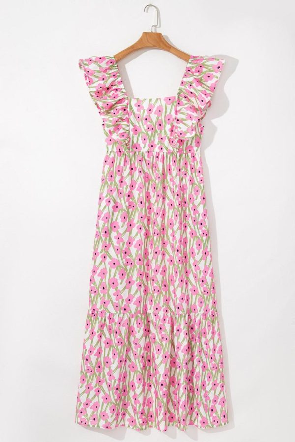 Women Pink Floral Print Square Neck Ruffled Strap Maxi Dress | Maxi Dresses - Image 4