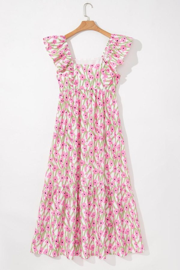 Women Pink Floral Print Square Neck Ruffled Strap Maxi Dress | Maxi Dresses - Image 5