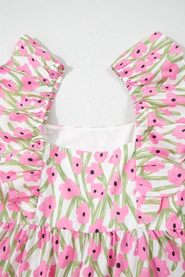 Women Pink Floral Print Square Neck Ruffled Strap Maxi Dress | Maxi Dresses - Image 6