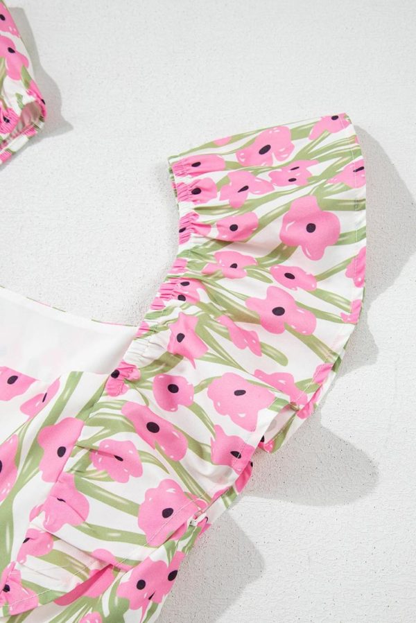 Women Pink Floral Print Square Neck Ruffled Strap Maxi Dress | Maxi Dresses - Image 7