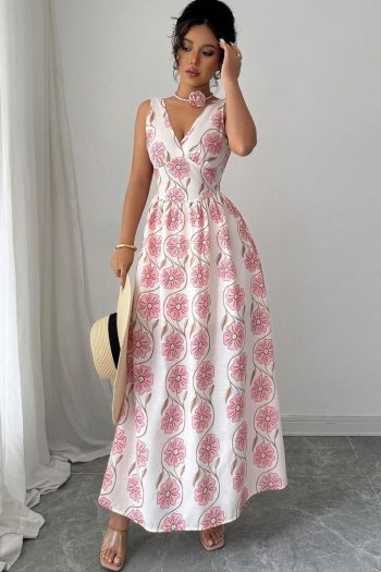 Women Pink Floral Print V Neck Sleeveless Maxi Dress | Maxi Dresses