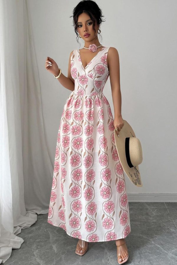 Women Pink Floral Print V Neck Sleeveless Maxi Dress | Maxi Dresses - Image 2