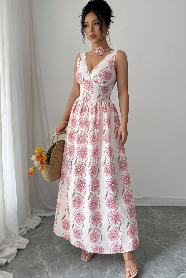 Women Pink Floral Print V Neck Sleeveless Maxi Dress | Maxi Dresses - Image 3