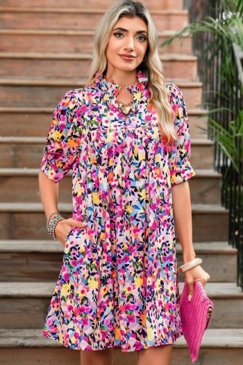 Women Pink Floral Puff Short Sleeve V Neck Mini Dress | Short Dresses