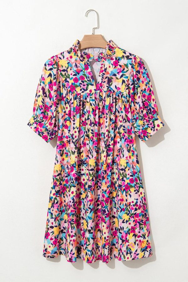 Women Pink Floral Puff Short Sleeve V Neck Mini Dress | Short Dresses - Image 4