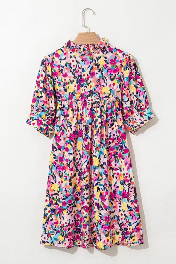Women Pink Floral Puff Short Sleeve V Neck Mini Dress | Short Dresses - Image 5