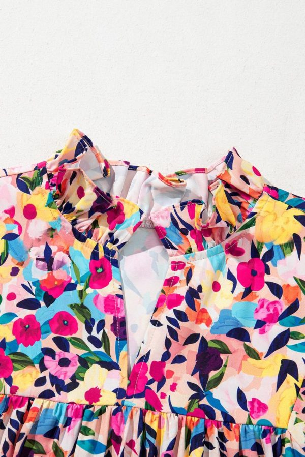 Women Pink Floral Puff Short Sleeve V Neck Mini Dress | Short Dresses - Image 6