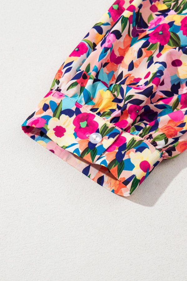 Women Pink Floral Puff Short Sleeve V Neck Mini Dress | Short Dresses - Image 7