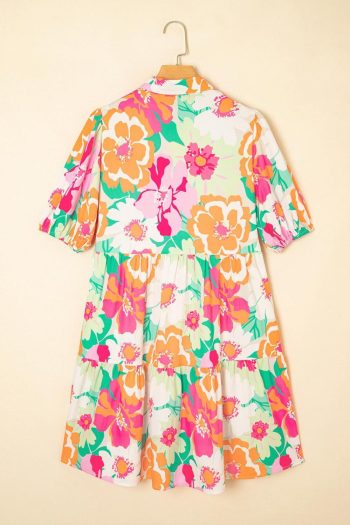 Women Pink Floral Puff Sleeve Collar Buttoned Babydoll Dress | Short Dresses