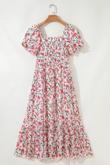 Women Pink Floral Puff Sleeve Square Neck Empire Waist Tiered Maxi Dress | Maxi Dresses