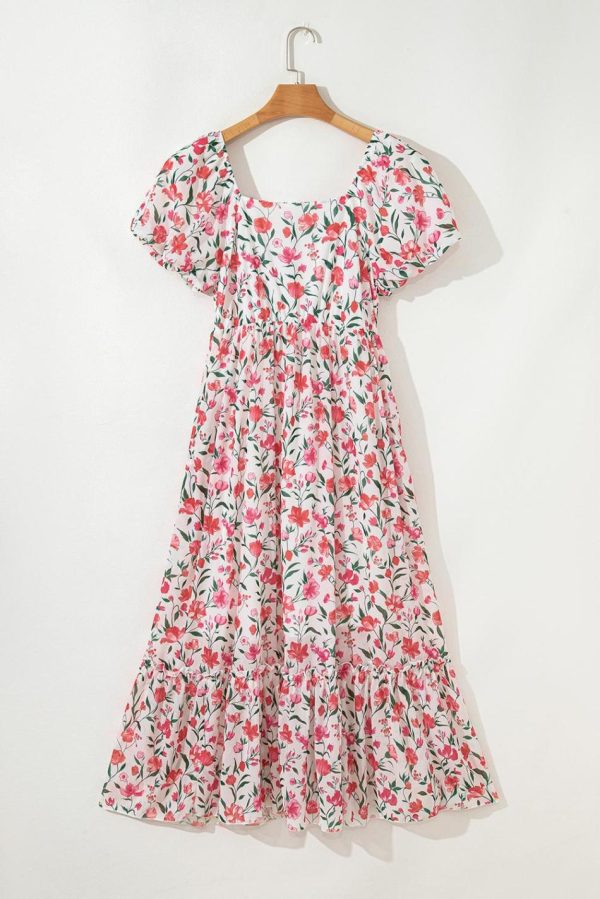 Women Pink Floral Puff Sleeve Square Neck Empire Waist Tiered Maxi Dress | Maxi Dresses - Image 2
