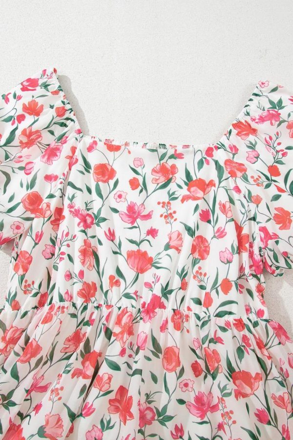 Women Pink Floral Puff Sleeve Square Neck Empire Waist Tiered Maxi Dress | Maxi Dresses - Image 3