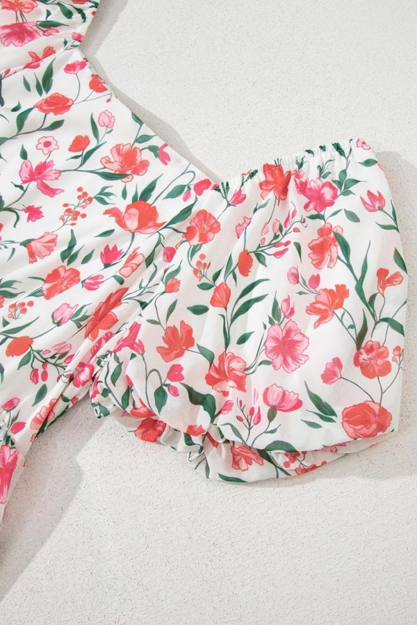 Women Pink Floral Puff Sleeve Square Neck Empire Waist Tiered Maxi Dress | Maxi Dresses - Image 4