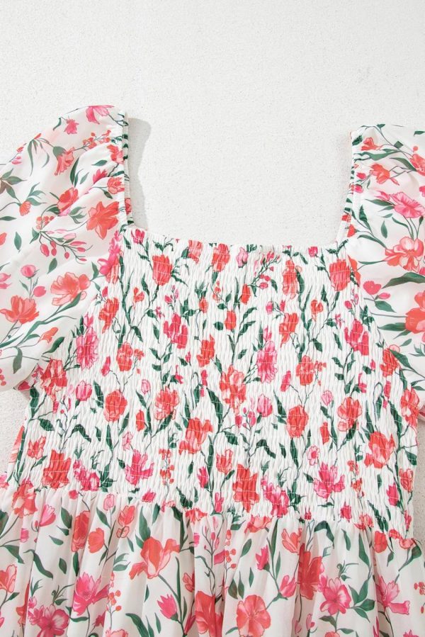 Women Pink Floral Puff Sleeve Square Neck Empire Waist Tiered Maxi Dress | Maxi Dresses - Image 5
