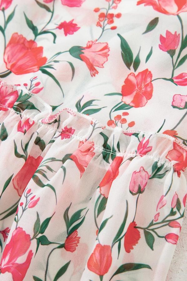 Women Pink Floral Puff Sleeve Square Neck Empire Waist Tiered Maxi Dress | Maxi Dresses - Image 7