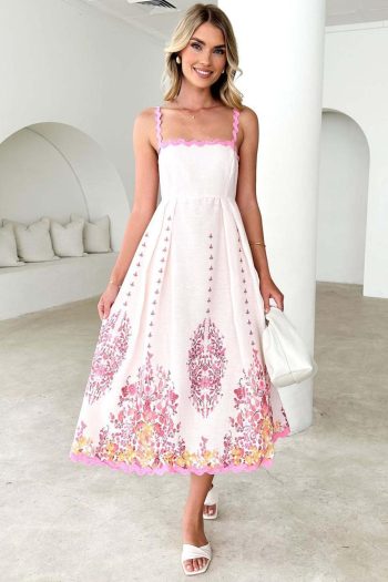 Women Pink Floral Ric Rac Spaghetti Strap Backless Dress | Maxi Dresses