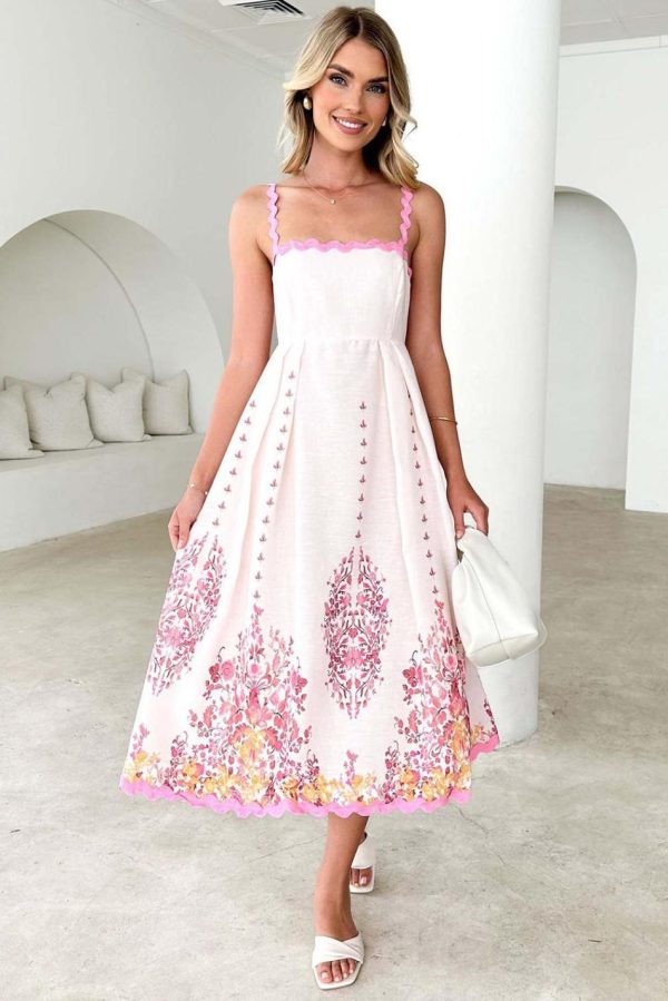 Women Pink Floral Ric Rac Spaghetti Strap Backless Dress | Maxi Dresses