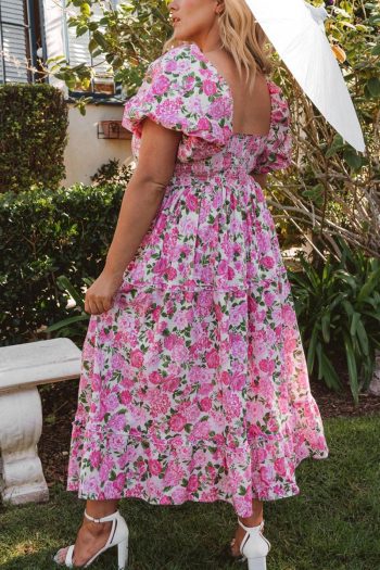 Women Pink Floral Smocked Puff Sleeve Flowy Midi Dress | Midi Dresses
