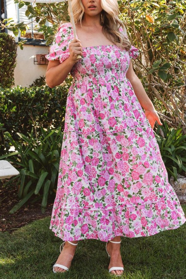 Women Pink Floral Smocked Puff Sleeve Flowy Midi Dress | Midi Dresses - Image 2