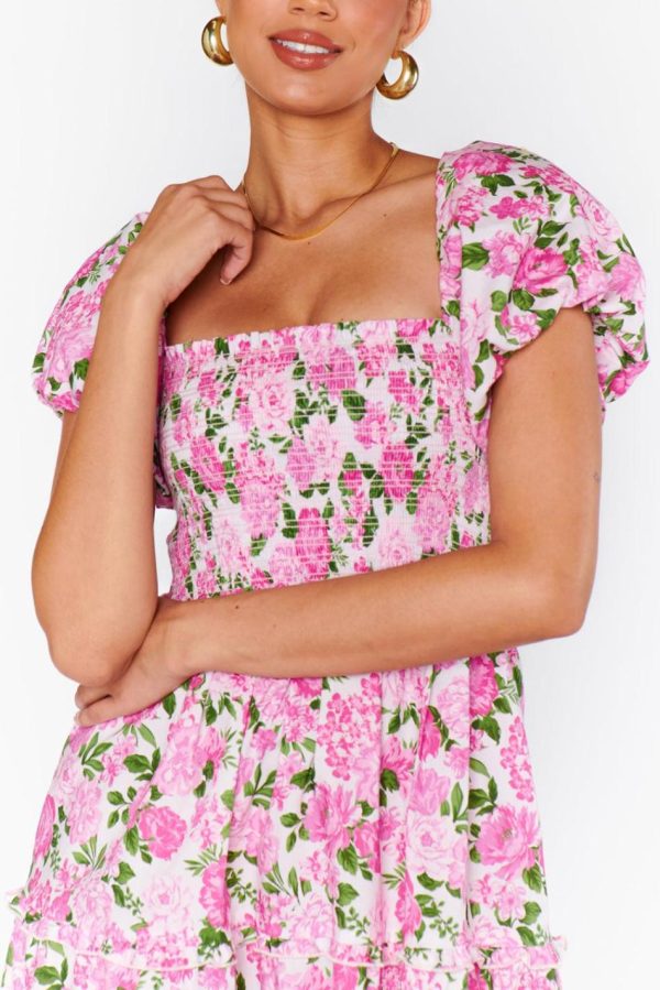 Women Pink Floral Smocked Puff Sleeve Flowy Midi Dress | Midi Dresses - Image 3