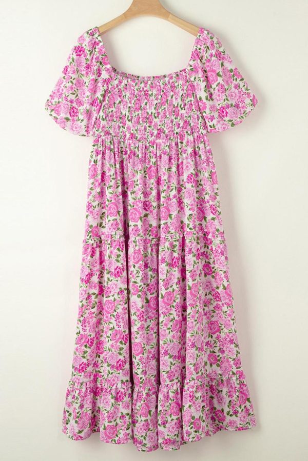 Women Pink Floral Smocked Puff Sleeve Flowy Midi Dress | Midi Dresses - Image 4