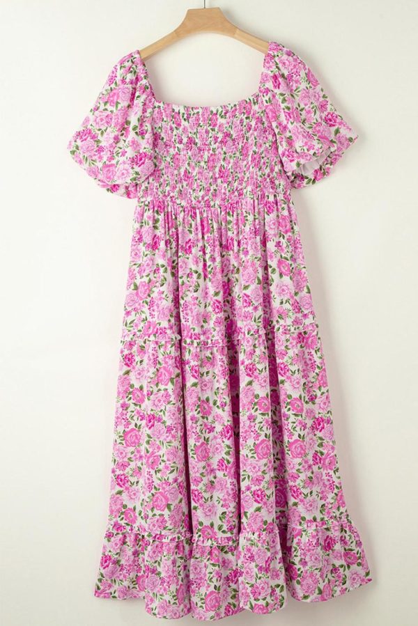 Women Pink Floral Smocked Puff Sleeve Flowy Midi Dress | Midi Dresses - Image 5