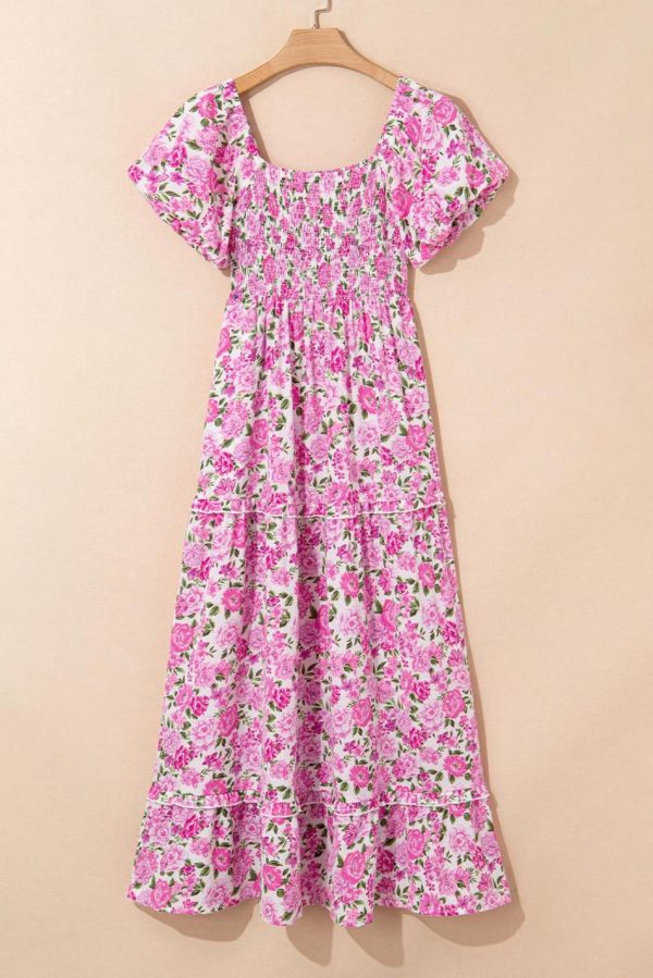 Women Pink Floral Smocked Puff Sleeve Flowy Midi Dress | Midi Dresses - Image 6