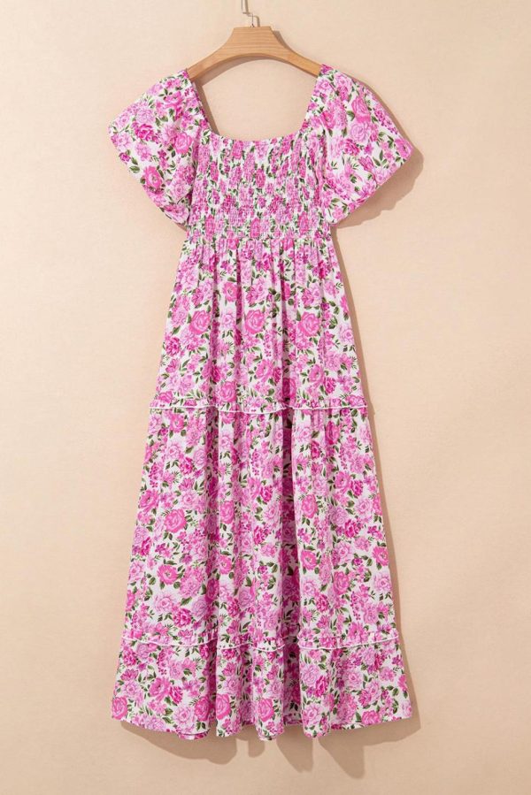 Women Pink Floral Smocked Puff Sleeve Flowy Midi Dress | Midi Dresses - Image 7