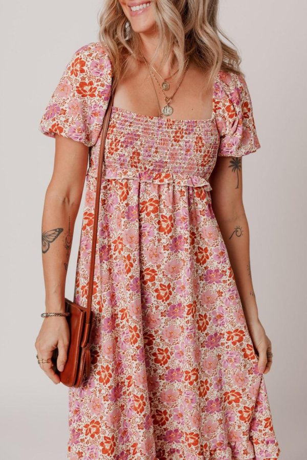 Women Pink Floral Square Neck Knotted Ruffle Midi Dress | Midi Dresses