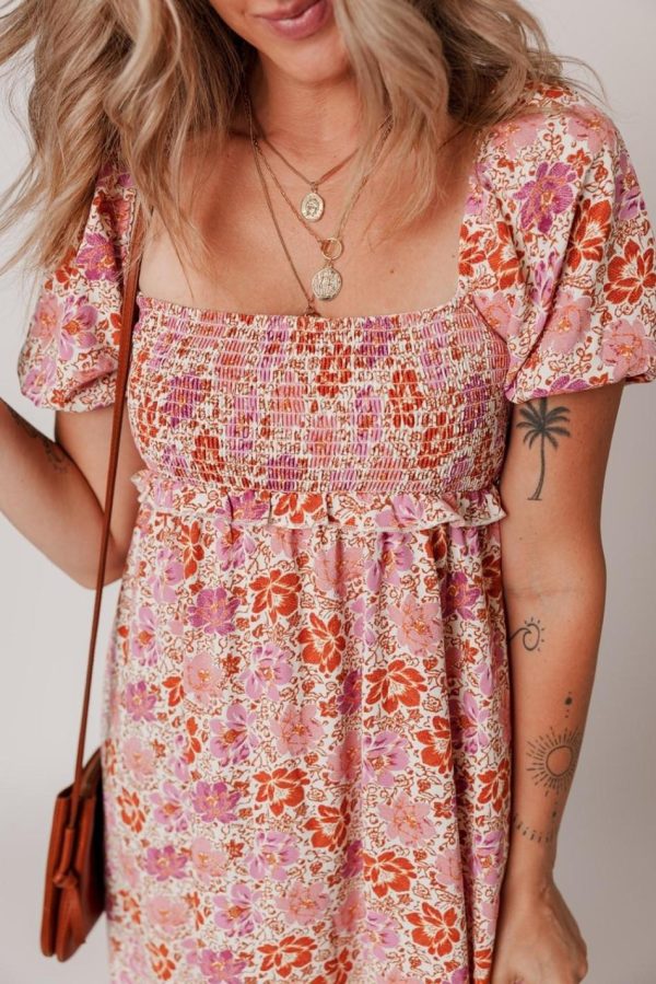 Women Pink Floral Square Neck Knotted Ruffle Midi Dress | Midi Dresses - Image 2