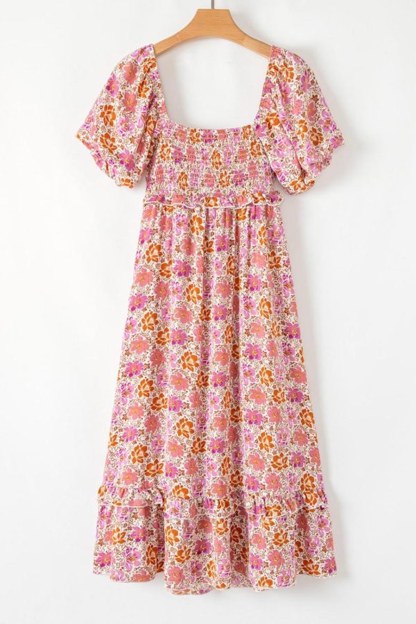 Women Pink Floral Square Neck Knotted Ruffle Midi Dress | Midi Dresses - Image 3
